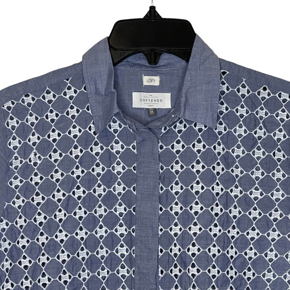 Loft Ann Taylor The Softened Popover‎ Shirt Chambray Eyelet Long Sleeve Women XS - Picture 2 of 8